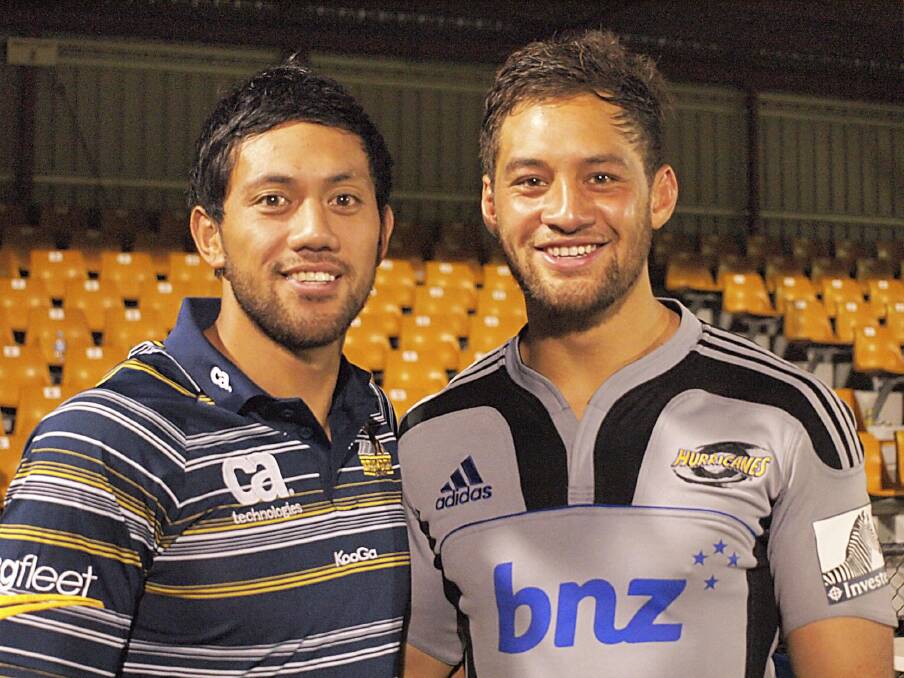 Best mates: Christian Lealiifano and Jack Lam catch up after a Brumbies-Hurricanes Super Rugby game. Photo: Chris Dutton