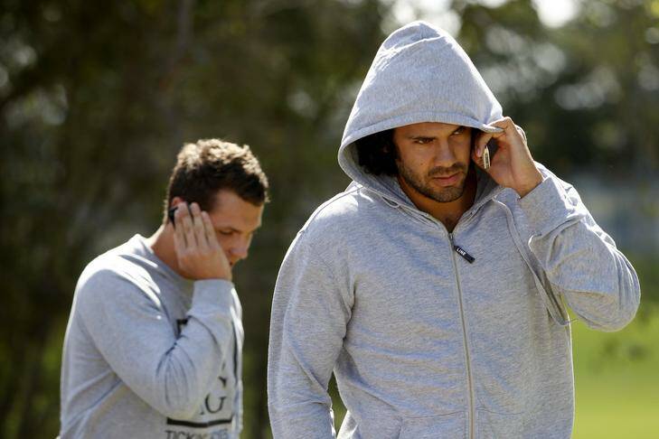 Newcastle Jets players and management having a meeting at Ray Watt Oval, Callaghan. Management are informing players that the team has folded. Picture shows Jets player Nikolai Topor Stanley. Photo: Jonathan Carroll
