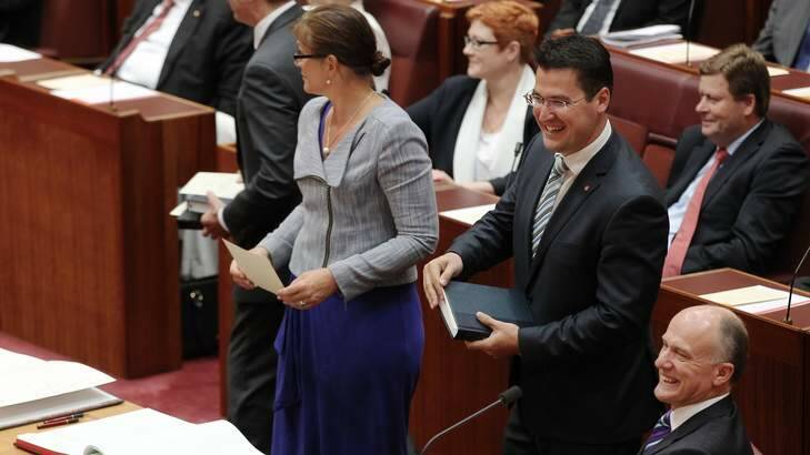 Kate Lundy, left, and Zed Seselja are sworn-in as ACT Senators. Photo: Alex Ellinghausen