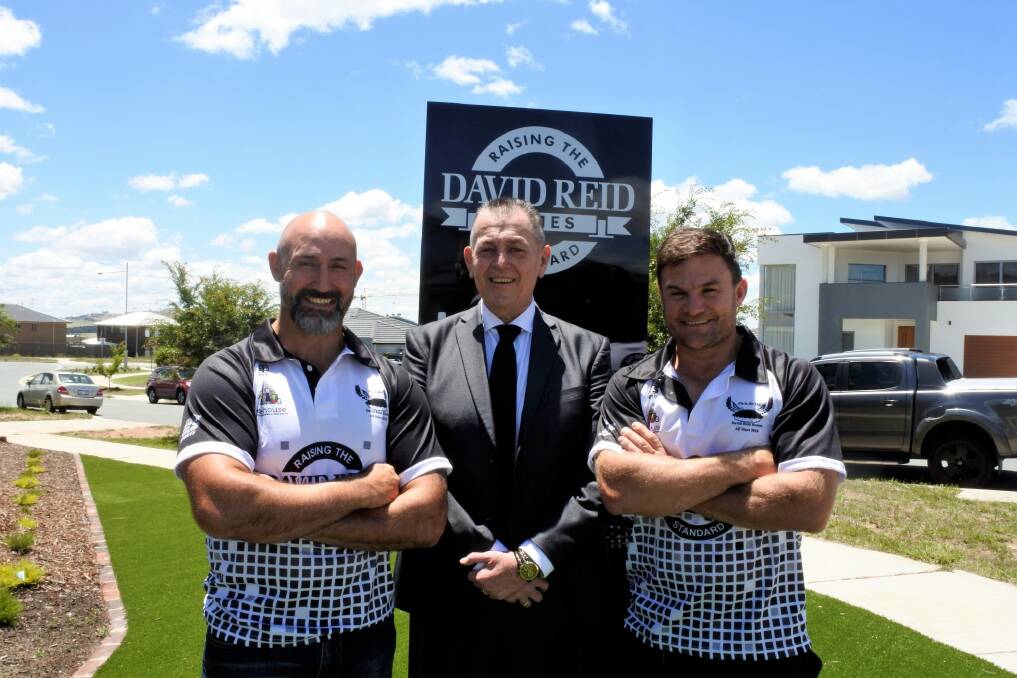 Jason Croker, Ken Beissell and Simon Woolford at the launch of the Queanbeyan Pie in the Sky charity rugby league match. Photo: Elliot Williams