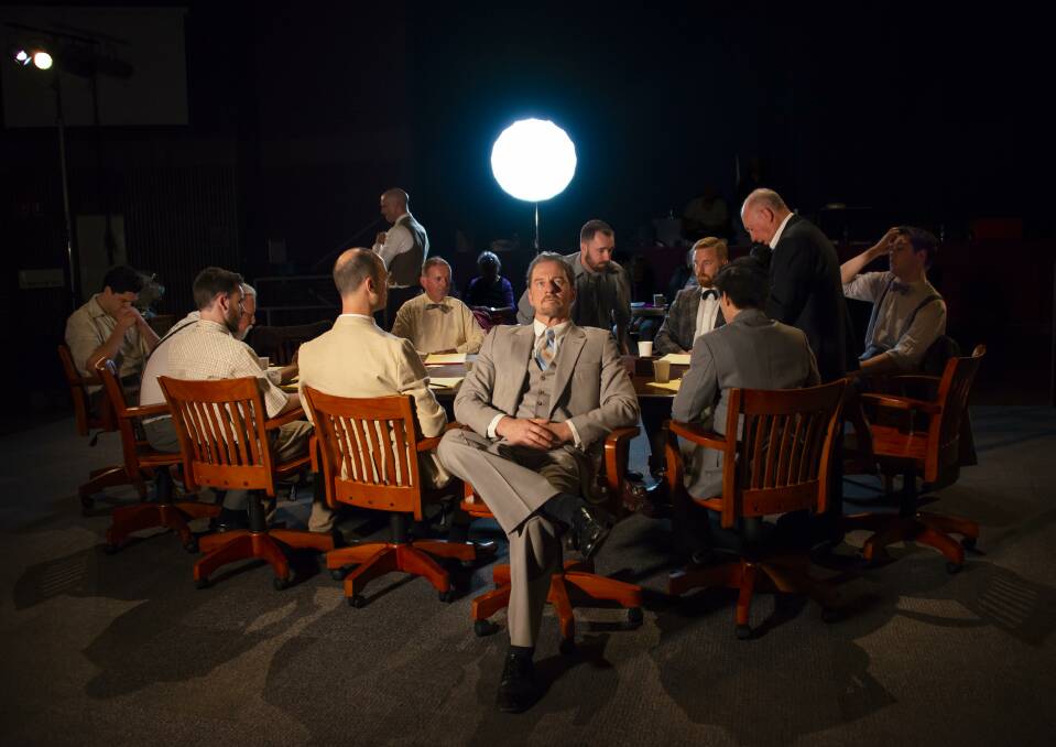 12 Angry Men: from left, Alex Hoskisson, Pat Gallagher, Glenn Brighenti, Martin Searles, Isaac Reilly, Geoffrey Borny, Rob de Fries, Colin Giles, Duncan Driver, Will Huang, Tony Turner, Cole Hilder. Photo: Janelle McMenamin