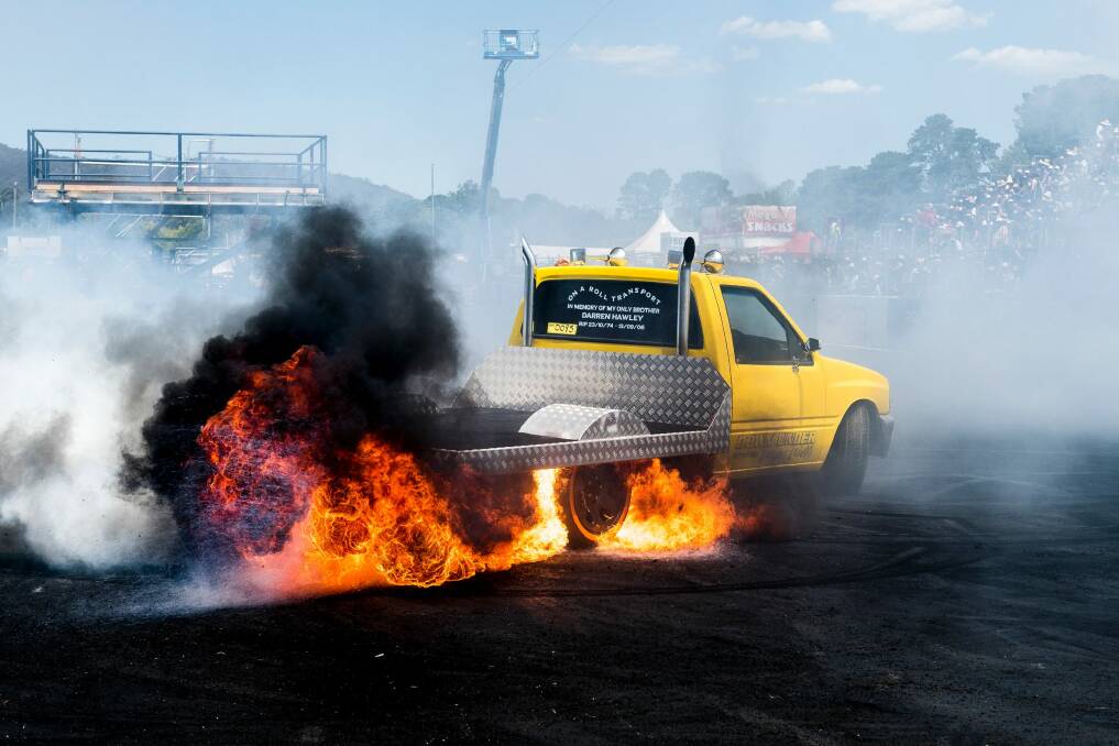 One car catches on fire at the burnout pit at Summernats 31. Photo: Dion Georgopoulos