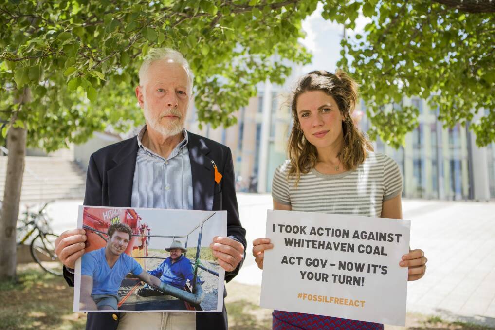 Protest on the Maules Creek coal mine in Canberra on Tuesday. Professor Frank Briggs, and Emma Pocock. Photo: Jamila Toderas