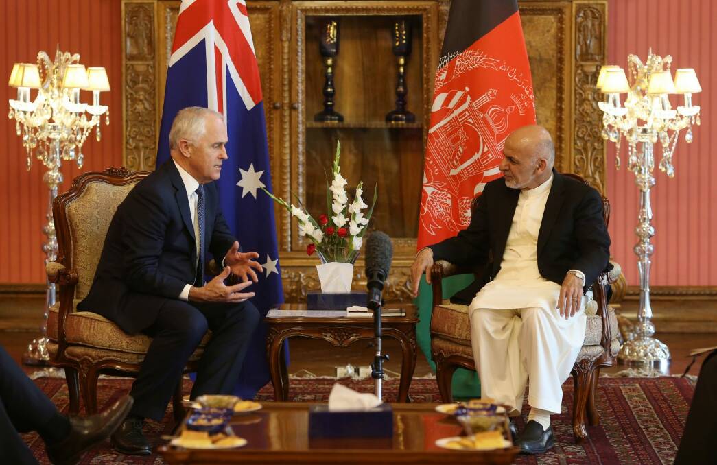 Prime Minister Malcolm Turnbull met with Afghan President Dr Mohammed Ashraf Ghani at Dilkusha in the grounds of the Presidential Palace in Kabul, Afghanistan on Monday. Photo: Andrew Meares
