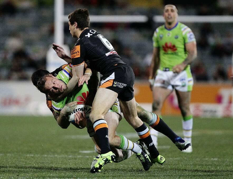 Raiders hooker Josh Hodgson played 80 minutes for the first time in the NRL against the Tigers. Photo: Getty Images