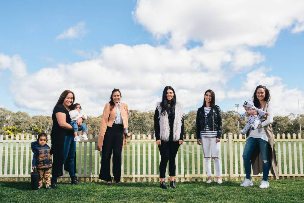 Canberra Raiders wives and girlfriends, from left, at Raiders HQ: Mele Maea with Rosalina, 11 months, and Mario-Cade, 2, Kirsten Stanton, Chloe Ross, Brittney Wicks and Gemmah Soliola with Alesana, four months.
 Photo: Rohan Thomson