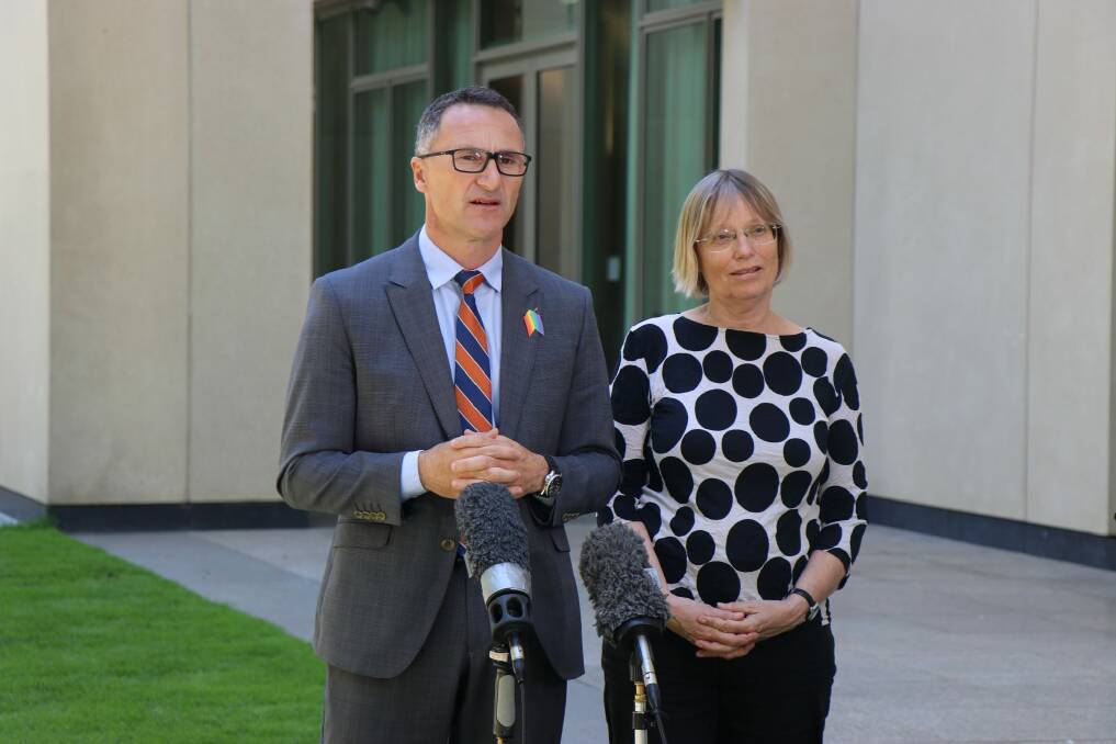 Greens leader Richard Di Natale and ACT Greens politician Caroline Le Couteur at Parliament House on Tuesday, calling for the ACT to be given the right to make its own laws on euthanasia. Photo: Supplied