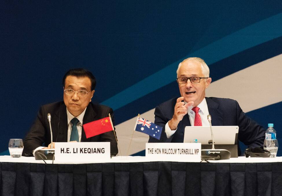 Australian Prime Minister Malcolm Turnbull with Chinese Premier Li Keqiang in Sydney.  Photo: James Brickwood