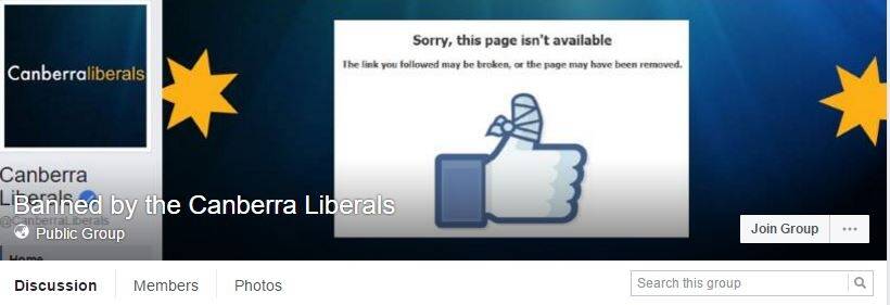 A screenshot of the "Banned by the Canberra Liberals" Facebook page.
