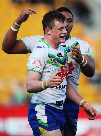 Andrew Heffernan of the Raiders celebrates after scoring a try during the win over the Warriors. Photo: Getty Images