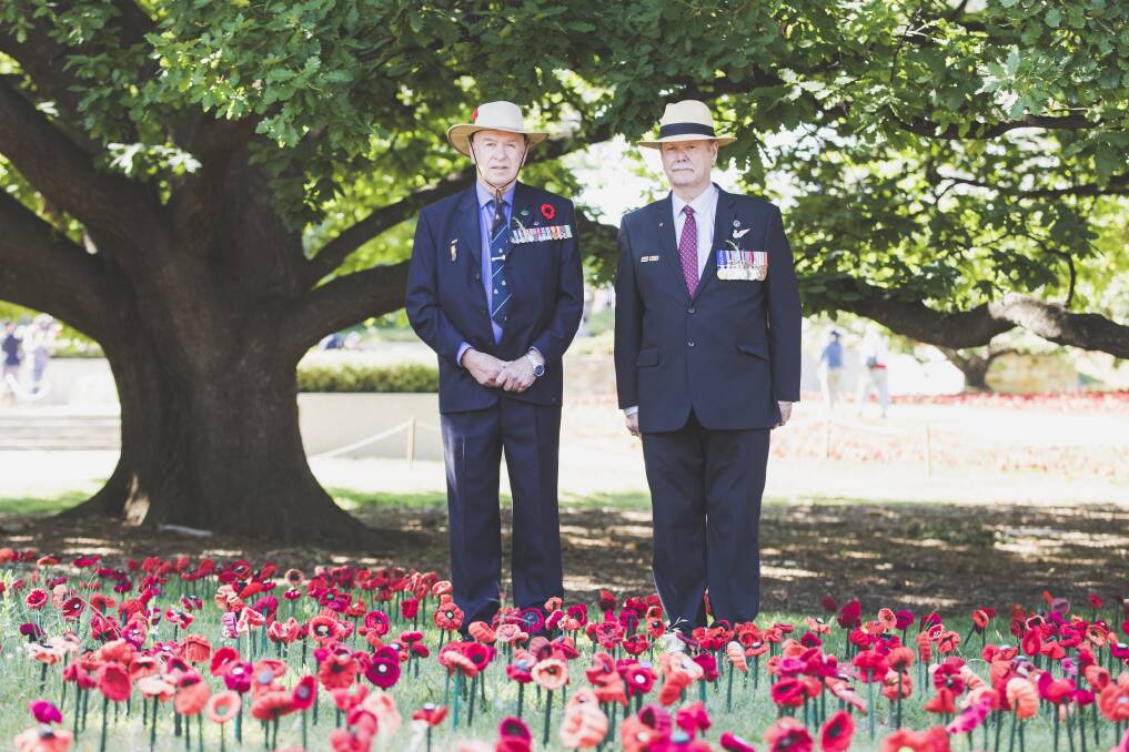 Vietnam veterans Jack Davis and Gerard Mapstone at the war memorial's Remembrance Day ceremony.  Photo:  Jamila Toderas