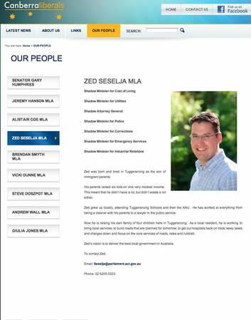 A screen shot of the Canberra Lberals' website for Zed Seselja. The page has since been updated.