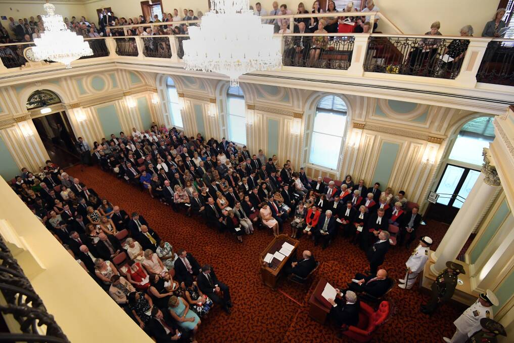 Queensland Governor Paul de Jersey addressings members and their guests in the old upper house. Photo: Dan Peled/AAP