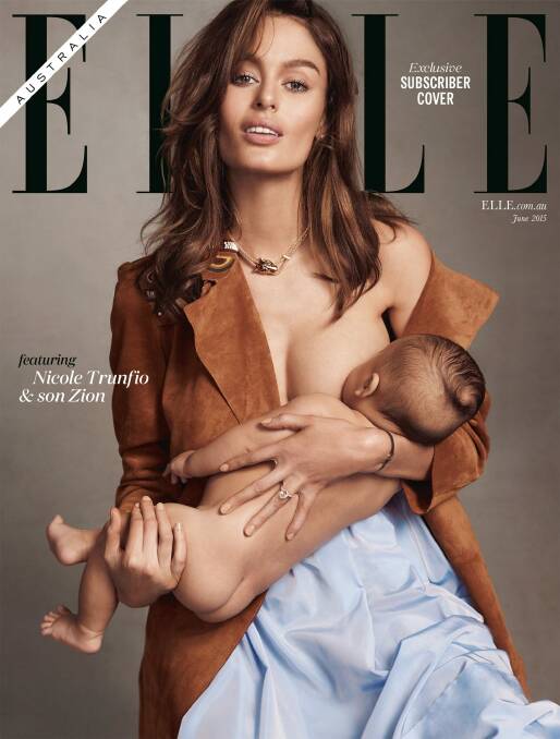 Nicole Trunfio and her four-month-old son Zion on the June cover of <em>Elle Australia</em>. Photo: Elle Australia