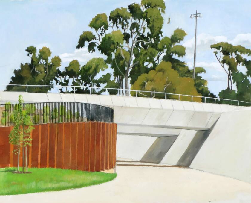 Bowen Place Crossing 2016 gouache by Christopher Oates, part of his exhibition on Infrastructure at the M16 Artspace last month. Photo: Supplied