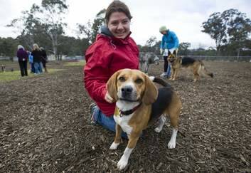 Camille Goodman of Lyneham with her dog Digger at the opening of new off-leash dog park in O?Connor. Photo: Elesa Kurtz