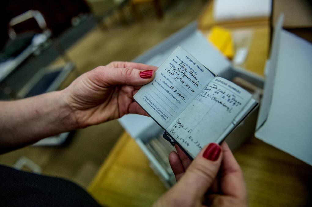 A small handwritten diary contains personal details of Sir Sidney Nolan. Photo: Karleen Minney