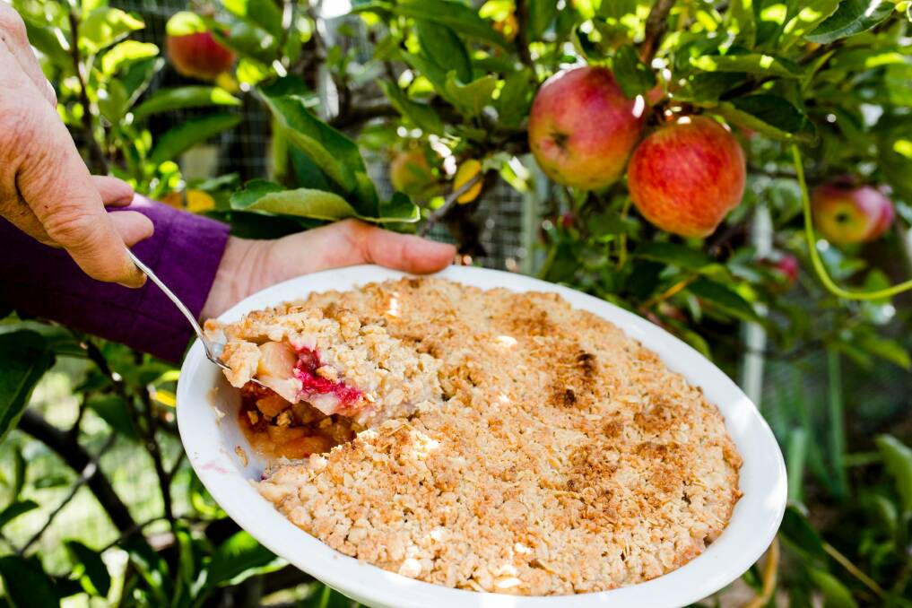Emma Kain's homemade apple and raspberry crumble. Photo: Jamila Toderas