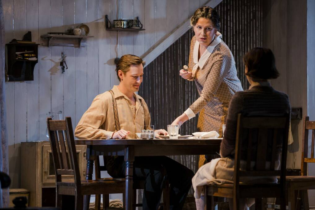 From left: Luke Mullins as Tom, Pamela Rabe as Amanda, and Rose Riley as Laura lead a fragile existence in <i>The Glass Menagerie<i>. Photo: Jamila Toderas