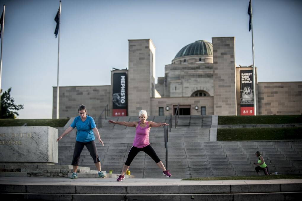 Patti Wilkins leads the morning boot camp at the Australian War Memorial. Photo: Karleen Minney