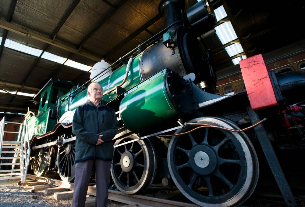 Bruce Blain with the locomotive which brought the first train to Canberra. The Braddon Forum has called on the government to buy a train carriage to place in Lonsdale Street or Haig Park. Photo: Elesa Kurtz