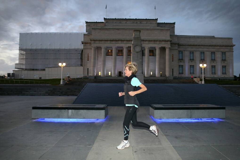 Foreign Minister Julie Bishop during an early morning run past the Auckland War Memorial Museum. Photo: Alex Ellinghausen