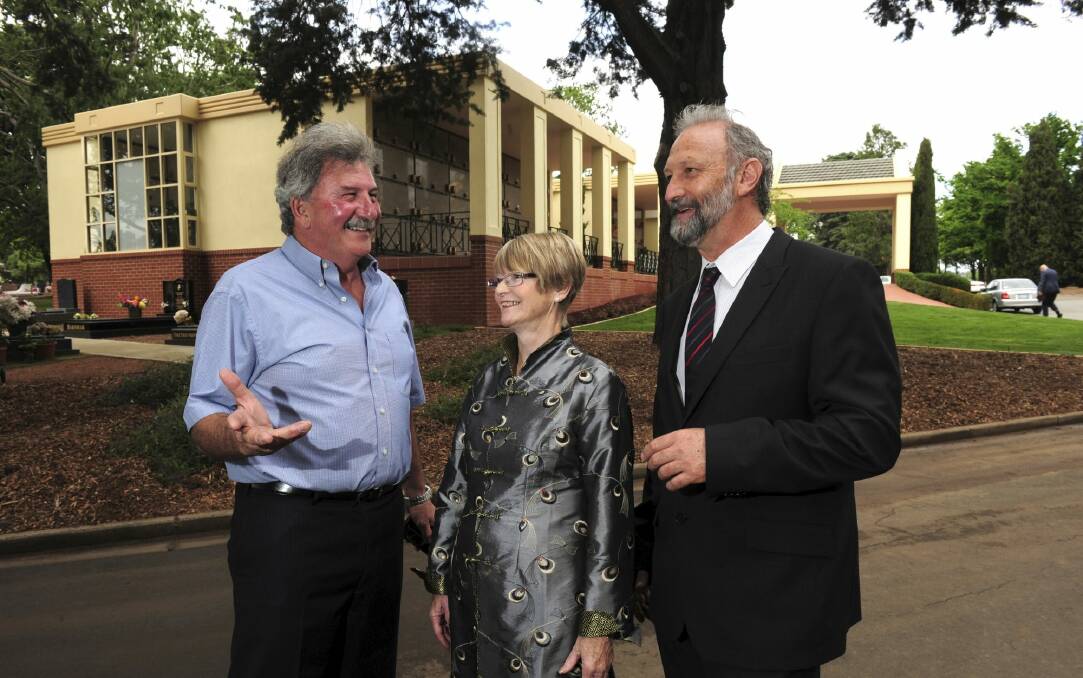 Builder Alf Dimarco, Canberra Cemeteries chair Diane Kargas and CEO Hamish Horne. Photo: Graham Tidy 