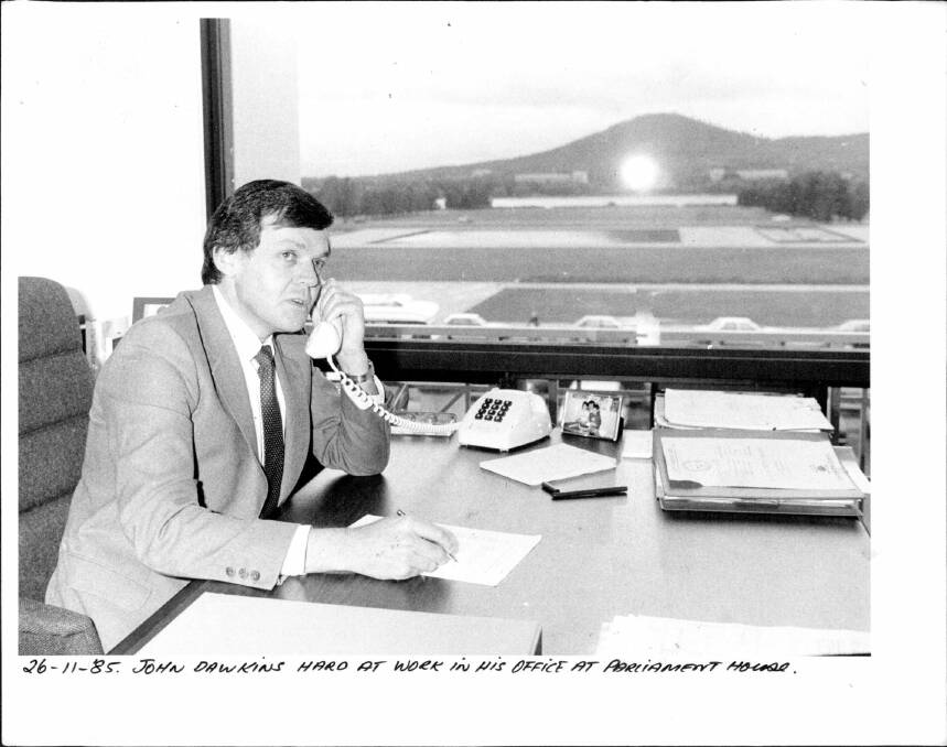 John Dawkins at Parliament House in 1985. He regularly offered provocatively thoughtful speeches on Australia Day. Photo: Fairfax Media