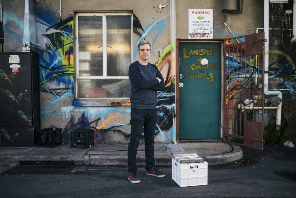 Landspeed Records owner Blake Budak, behind the store in Civic with a crate of vinyl records before Record Store Day this weekend. Photo: Rohan Thomson