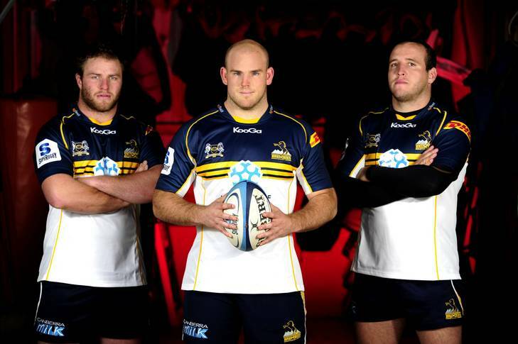 Stephen Moore, centre, with Dan Palmer, left, and Ben Alexander, right, says tonight's clash against the Brumbies is the biggest of his Super Rugby career. Photo: Stuart Walmsley