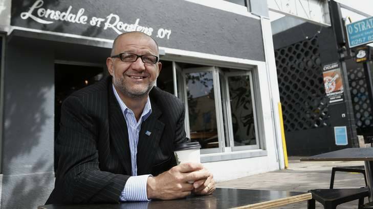 Independent Property Group executive director Stan Platis out the front of Londsdale St Roasters which is one of his chosen meeting places for business. Photo: Jeffrey Chan