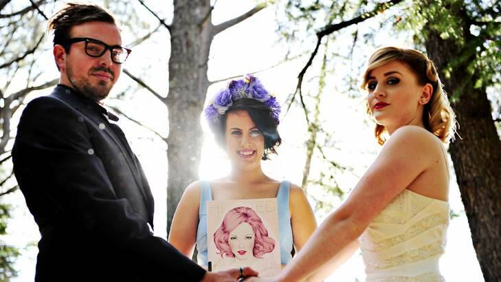 Editor of the Canberra newest Bridal Magazine Hitched (blue)  Renee Douros with Andrew Corich and Maddie Emery. Photo: Jay Cronan