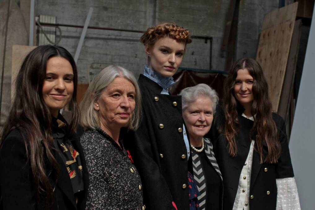 Fashion desgners Beth and Tess Macgraw with their assistants from the Country Women's Association Annette Hinde and Janet Luce with model Brooke Durrant.  Photo: Ben Rushton