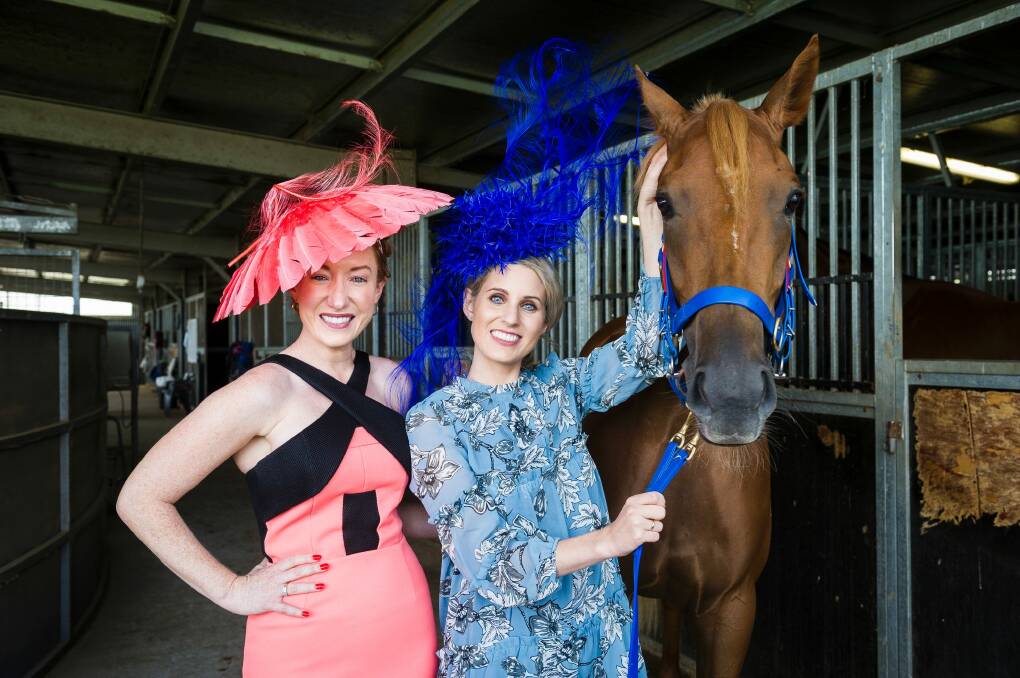 Canberra radio royalty Kristen Henry (left) and Beth Larsen with Black Opal Stakes entrant Sizzling Belle. Photo: Dion Georgopoulos