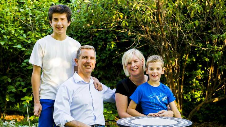 ACT Liberals Leader, Jeremy Hanson at home in Holder with his family, Robbie (6), William (14), and Fleur. Photo: Rohan Thomson