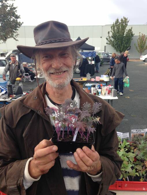im Kerr of Macquarie with Red Russian kale seedlings on the Kerrs' stall at Jamison Rotary Markets. Photo: Supplied