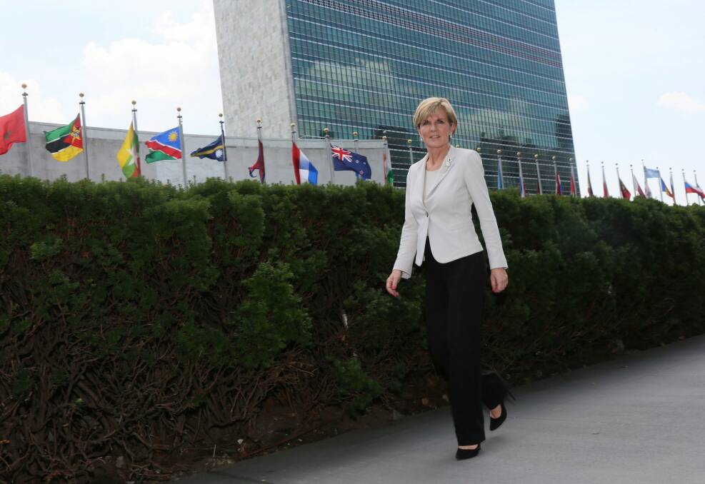 Foreign Minister Julie Bishop walks outside the UN building in New York where she was assured by Egypt's foreign minister, Sameh Shoukry, that Peter Greste would receive a full pardon. File photo. Photo: Fairfax Media