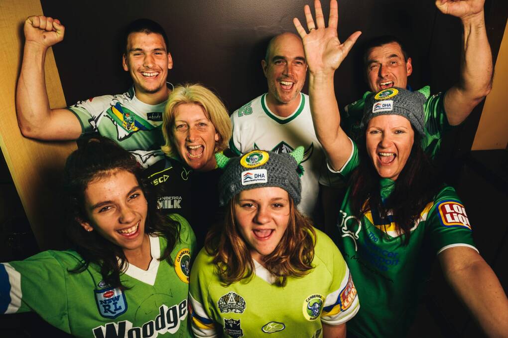 (front) Kaitlyn Bink, Jessy Mills, (middle) Fran and Karen Bink, and (back) Jacob, David and John Bink at the Canberra Raiders club in Belconnen to watch the game against Storm. Photo: Rohan Thomson