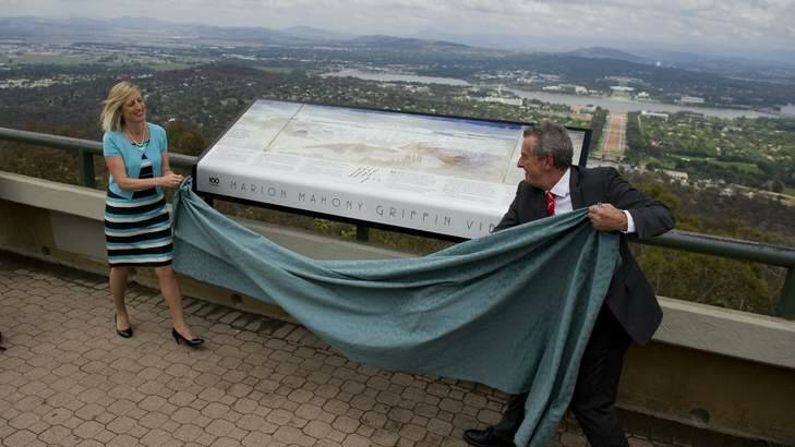 The Chief Minister Katy Gallagher and Dr David Headon at the renaming of the Mt Ainslie viewing platform to Marion Mahony Griffin View. Photo: Jay Cronan
