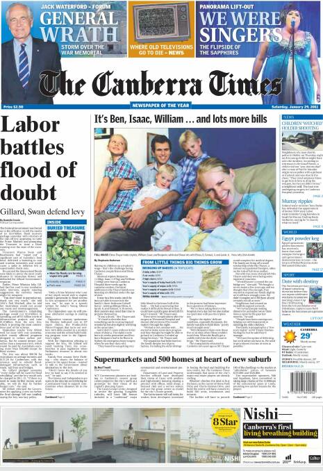 The Thayer family, then of Calwell, featured on the front of The Canberra Times in 2011 when triplets Benjamin, Isaac and William were born. Photo: Canberra Times
