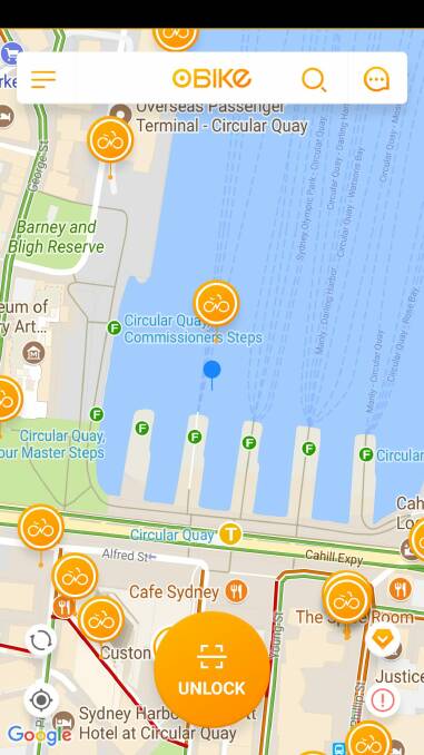 A screenshot of the Obike app, showing a bike located in the path of the Taronga Zoo ferry. Photo: Supplied