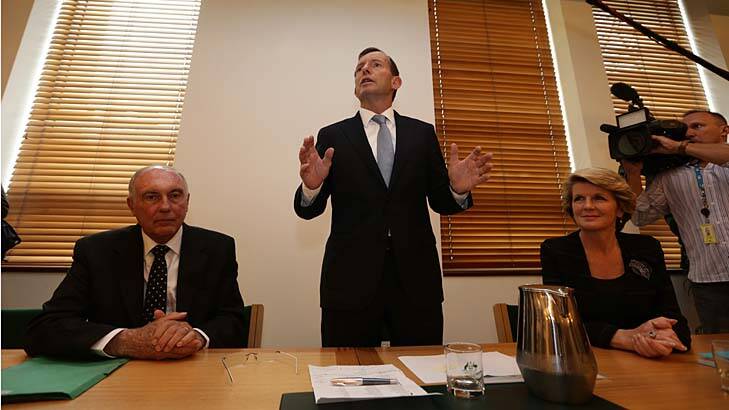 Prime Minister elect Tony Abbott addresses the Coalition joint party meeting, at Parliament House in Canberra on Friday. Photo: Alex Ellinghausen 