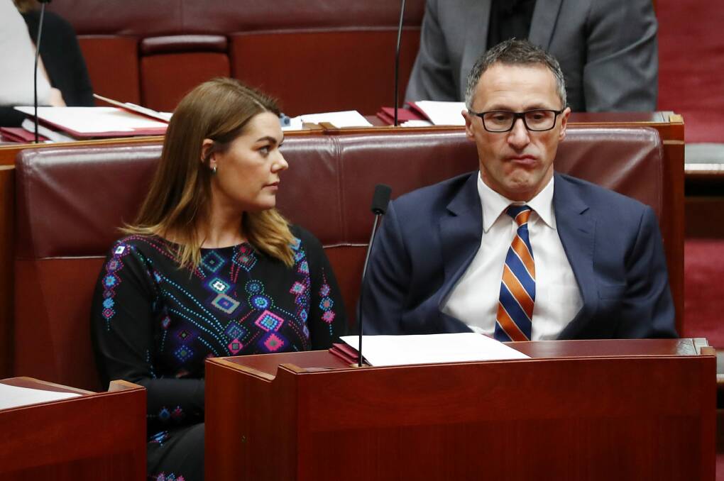 Influencers or left out? Greens' education spokeswoman Sarah Hanson-with leader Richard Di Natale. Photo: Alex Ellinghausen