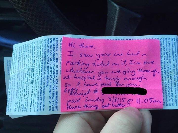 The post-it note attached to the parking fine. Photo: Supplied