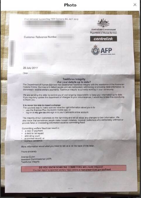 A copy of the letter from Centrelink.  Photo: Twitter