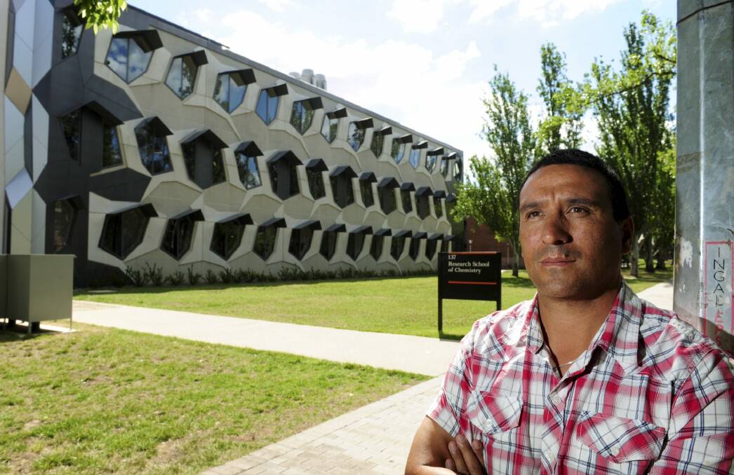 Security guard Shane Stuart, an ANU employee for 13 years, 
outside the university's Research School of Chemistry. Photo: Graham Tidy