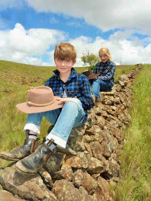 Alastair and Claudia Bridgewater play on one of the many dry stone walls that criss-cross their parent's farm near Nimmitabel. Photo: Tim the Yowie Man