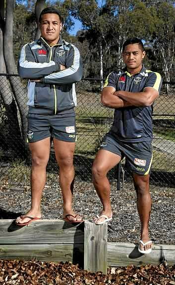 Josh Papalii and Anthony Milford, pictured at Raiders headquarters this week, have pledged to play for Samoa at the World Cup. Photo: Jeffrey Chan