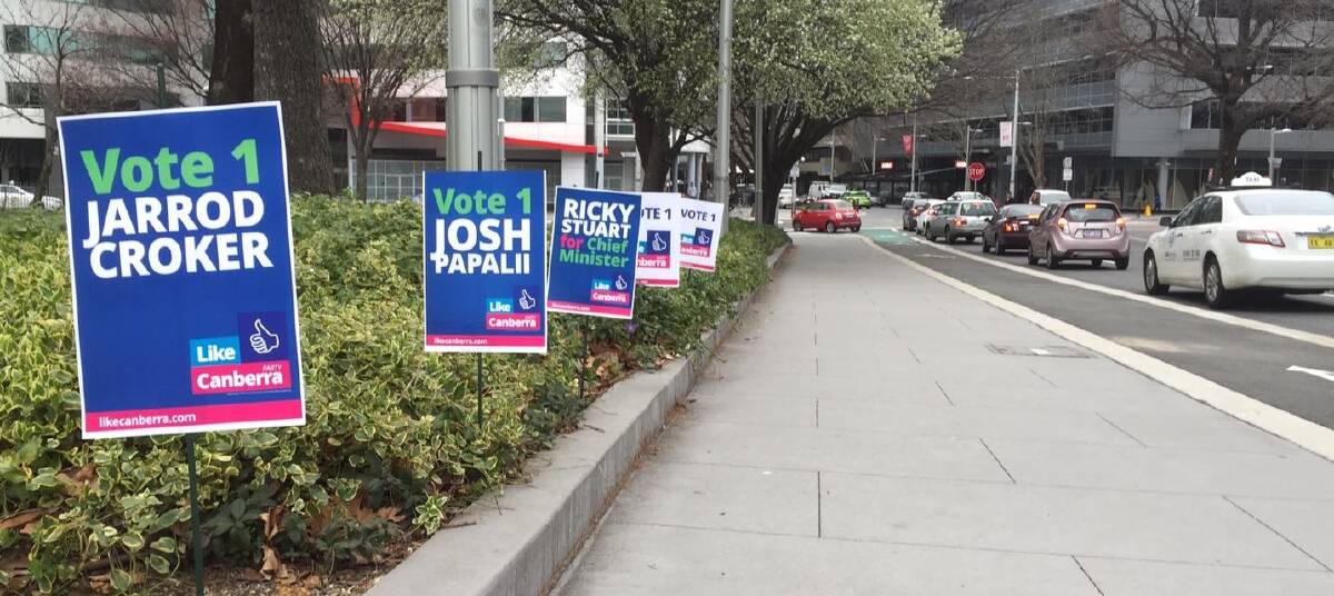 The Like Canberra party signs that appeared in the city on Monday, upsetting the Raiders. Photo: unknown