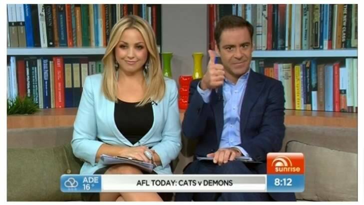 Andrew O'Keefe give thumbs up the Bullet Train Australia party on Weekend Sunrise. Photo: Weekend Sunrise